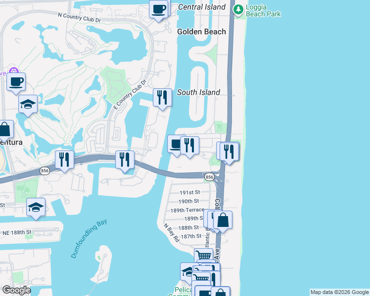 map of restaurants, bars, coffee shops, grocery stores, and more near 19423 38th Court in Golden Beach