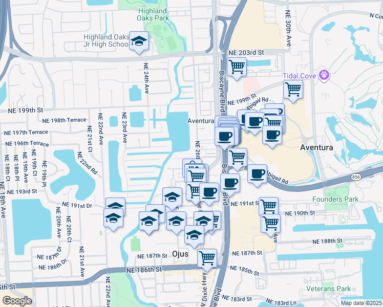 map of restaurants, bars, coffee shops, grocery stores, and more near 2581 Northeast 195th Street in Aventura