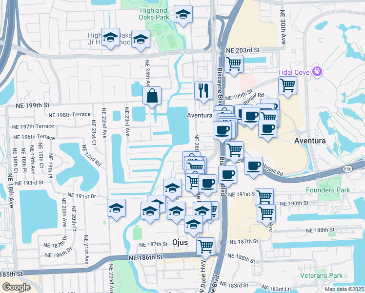 map of restaurants, bars, coffee shops, grocery stores, and more near 2501 Northeast 195th Street in Miami