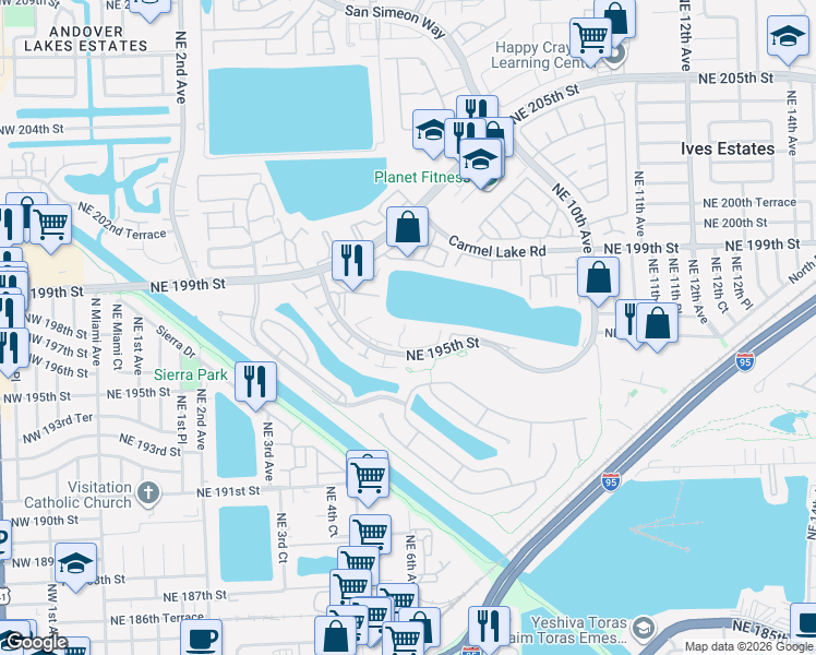 map of restaurants, bars, coffee shops, grocery stores, and more near 661 Northeast 195th Street in Miami