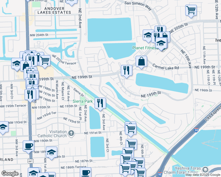 map of restaurants, bars, coffee shops, grocery stores, and more near 344 Northeast 194th Lane in Miami