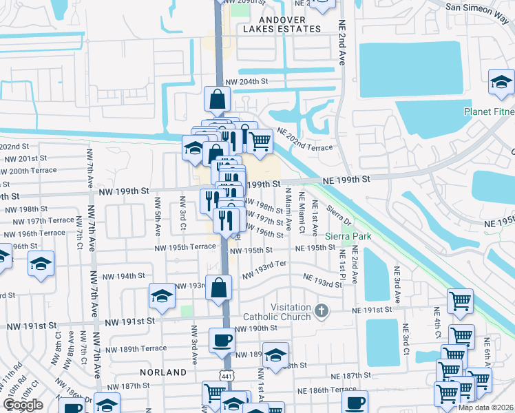 map of restaurants, bars, coffee shops, grocery stores, and more near 110 Northwest 198th Street in Miami