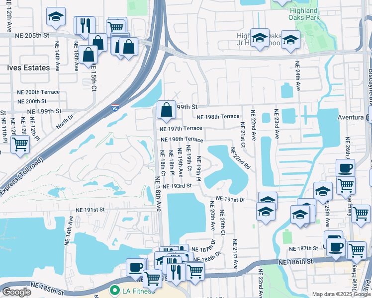 map of restaurants, bars, coffee shops, grocery stores, and more near 19600 Northeast 19th Court in Miami