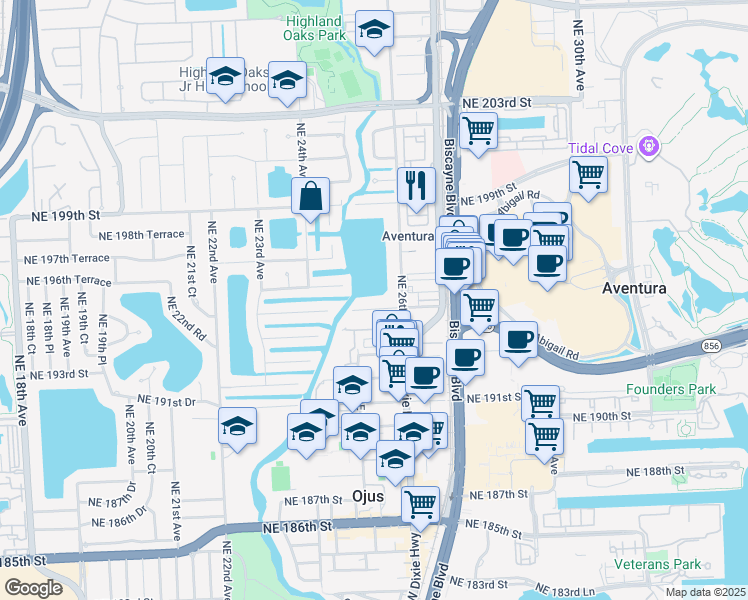 map of restaurants, bars, coffee shops, grocery stores, and more near 2501 Northeast 195th Street in Miami