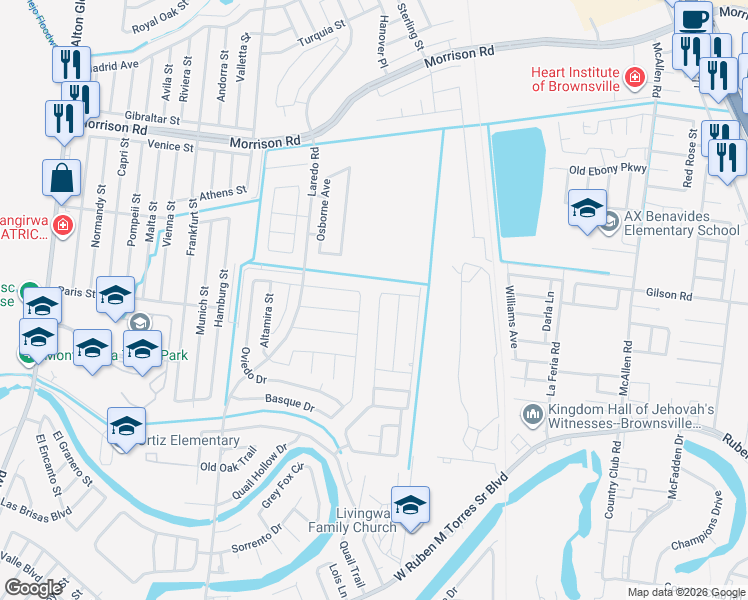map of restaurants, bars, coffee shops, grocery stores, and more near Osborne Avenue in Brownsville