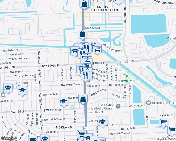 map of restaurants, bars, coffee shops, grocery stores, and more near 19809 Northwest 2nd Avenue in Miami Gardens
