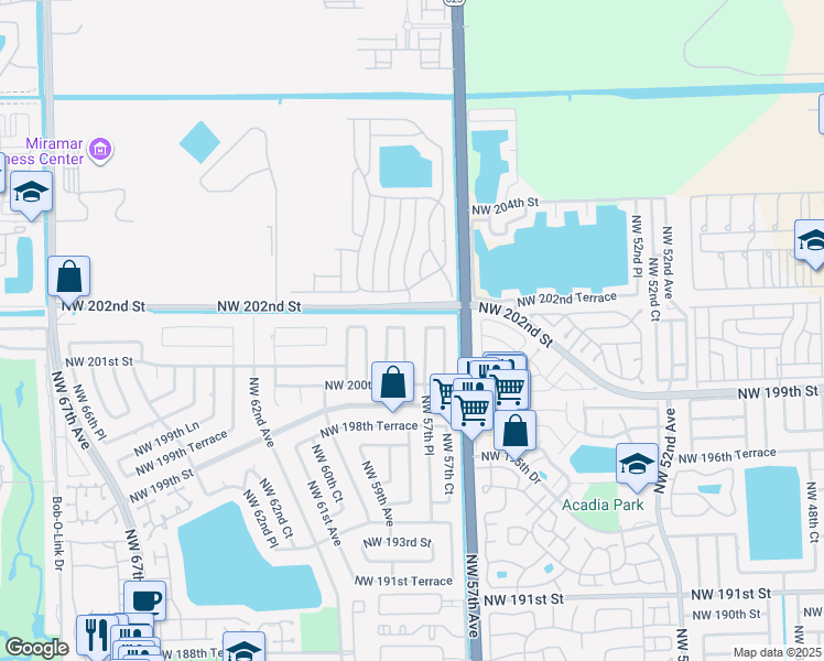 map of restaurants, bars, coffee shops, grocery stores, and more near 20151 Northwest 58th Avenue in Hialeah