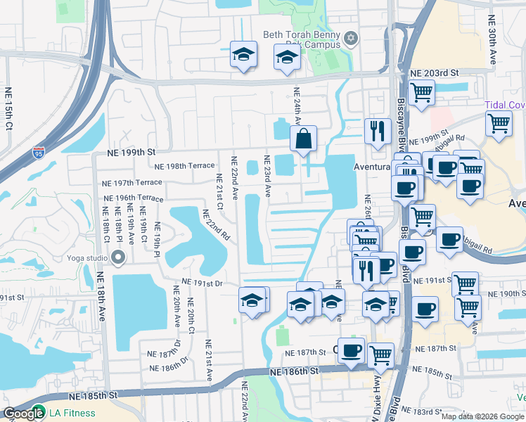 map of restaurants, bars, coffee shops, grocery stores, and more near 19520 Northeast 23rd Avenue in Miami