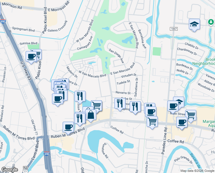 map of restaurants, bars, coffee shops, grocery stores, and more near 645 South San Marcelo Boulevard in Brownsville