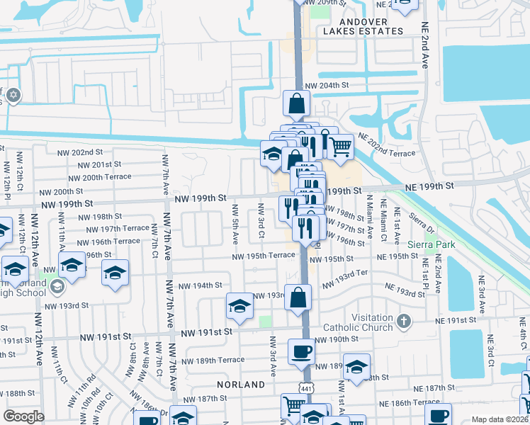 map of restaurants, bars, coffee shops, grocery stores, and more near 19741 Northwest 3rd Court in Miami