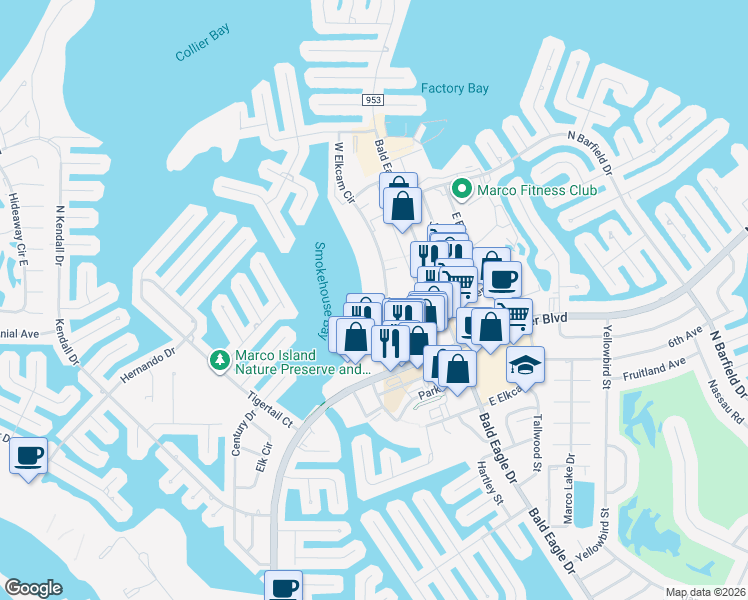 map of restaurants, bars, coffee shops, grocery stores, and more near 710 West Elkcam Circle in Marco Island