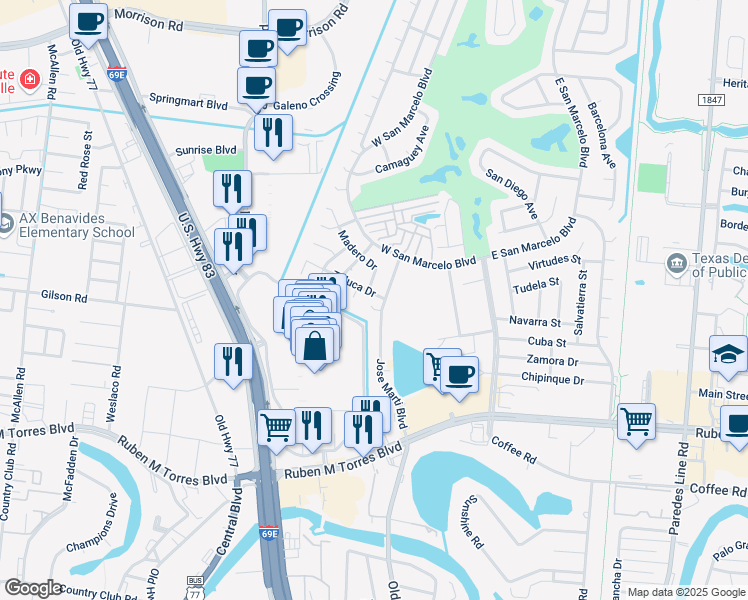 map of restaurants, bars, coffee shops, grocery stores, and more near 14 La Paz Court in Brownsville