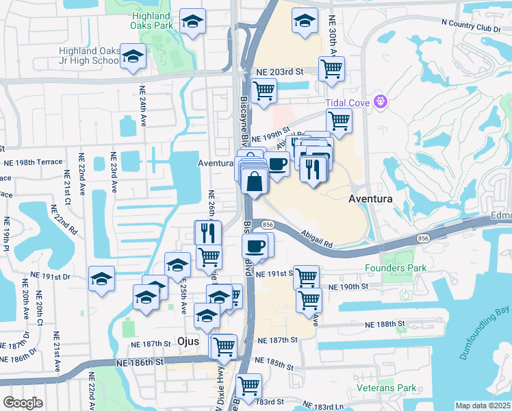 map of restaurants, bars, coffee shops, grocery stores, and more near 19495 Biscayne Boulevard in Aventura