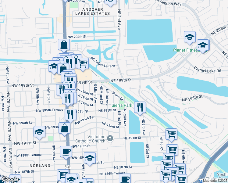 map of restaurants, bars, coffee shops, grocery stores, and more near 145 Sierra Drive in Miami