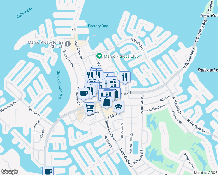 map of restaurants, bars, coffee shops, grocery stores, and more near 991 Chalmer Drive in Marco Island