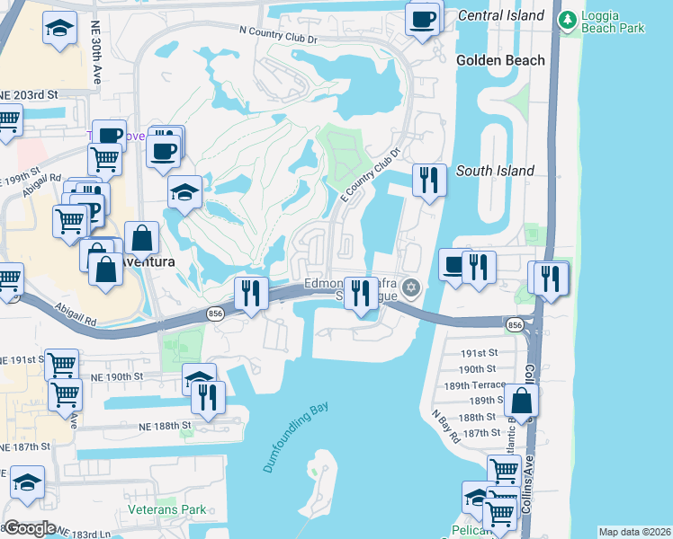 map of restaurants, bars, coffee shops, grocery stores, and more near 19555 East Country Club Drive in Miami
