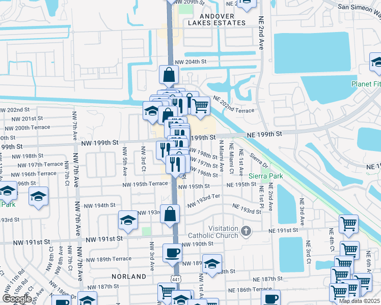 map of restaurants, bars, coffee shops, grocery stores, and more near 110 Northwest 198th Street in Miami