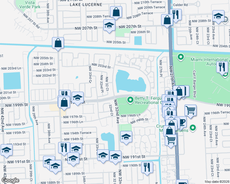 map of restaurants, bars, coffee shops, grocery stores, and more near 19941 Northwest 32nd Avenue in Miami Gardens