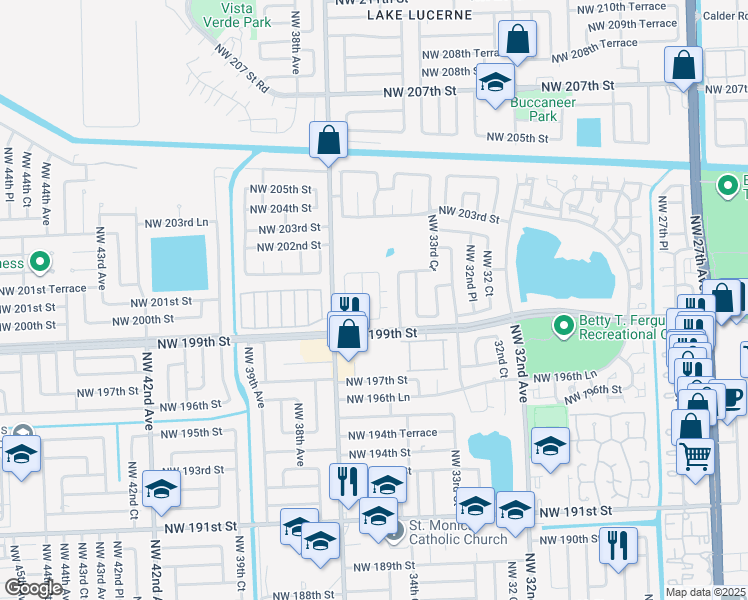 map of restaurants, bars, coffee shops, grocery stores, and more near 20065 Northwest 36th Avenue in Miami Gardens