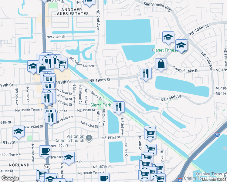 map of restaurants, bars, coffee shops, grocery stores, and more near 640 Northeast 193rd Street in Miami