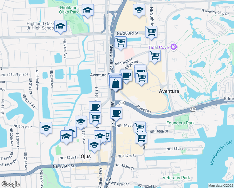 map of restaurants, bars, coffee shops, grocery stores, and more near 19495 Biscayne Boulevard in Aventura