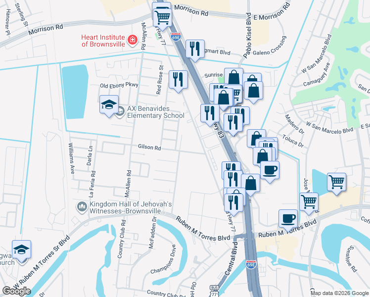 map of restaurants, bars, coffee shops, grocery stores, and more near 425 Gilson Road in Brownsville