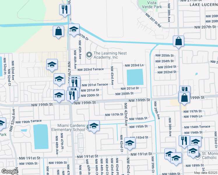 map of restaurants, bars, coffee shops, grocery stores, and more near 20111 Northwest 43rd Court in Miami Gardens