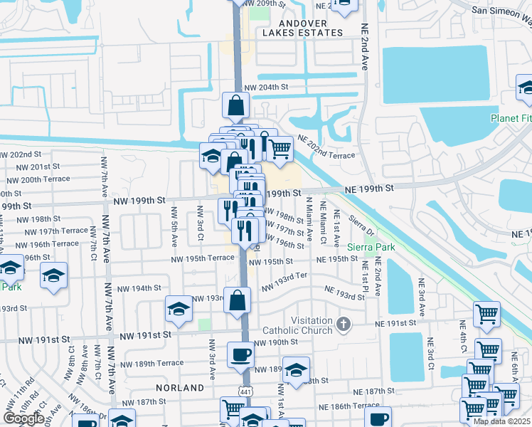 map of restaurants, bars, coffee shops, grocery stores, and more near 110 Northwest 198th Street in Miami
