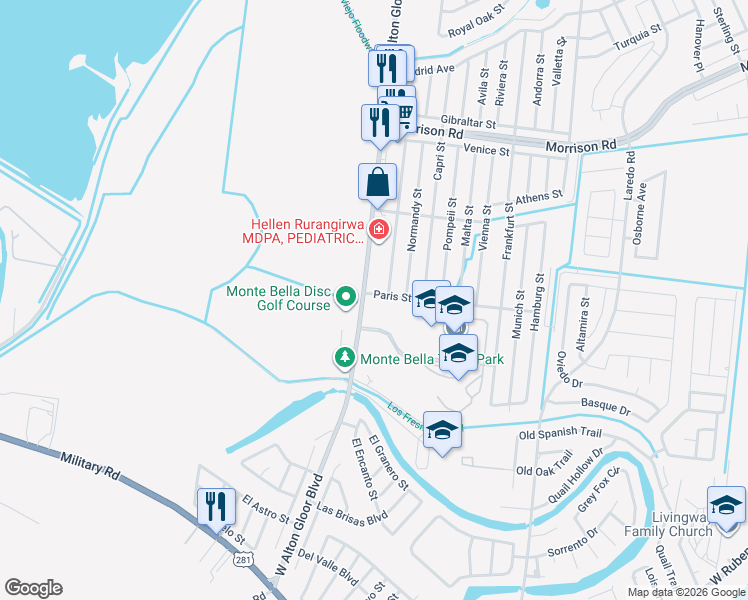 map of restaurants, bars, coffee shops, grocery stores, and more near 2513-2575 Farm to Market 3248 in Brownsville