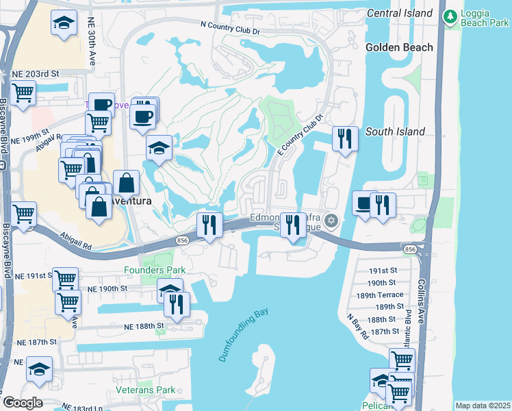 map of restaurants, bars, coffee shops, grocery stores, and more near 19524 East Country Club Drive in Aventura