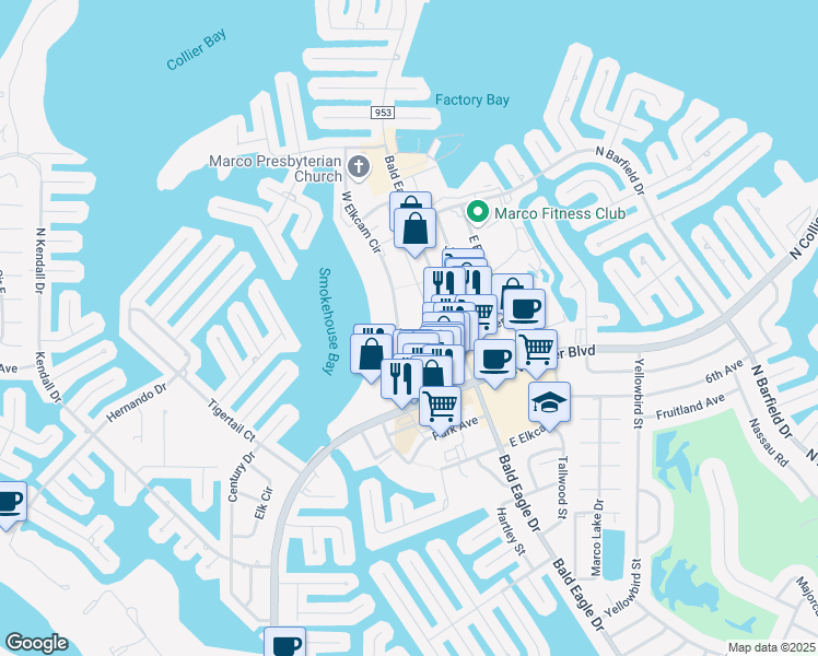 map of restaurants, bars, coffee shops, grocery stores, and more near 571 East Elkcam Circle in Marco Island