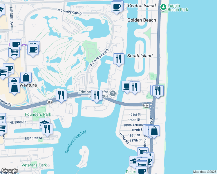 map of restaurants, bars, coffee shops, grocery stores, and more near 3685 Northeast 195th Terrace in Aventura