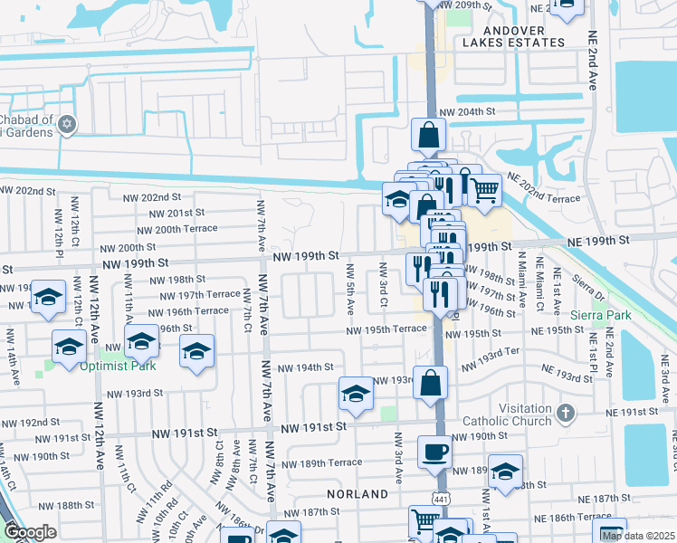 map of restaurants, bars, coffee shops, grocery stores, and more near 19735 Northwest 5th Place in Miami