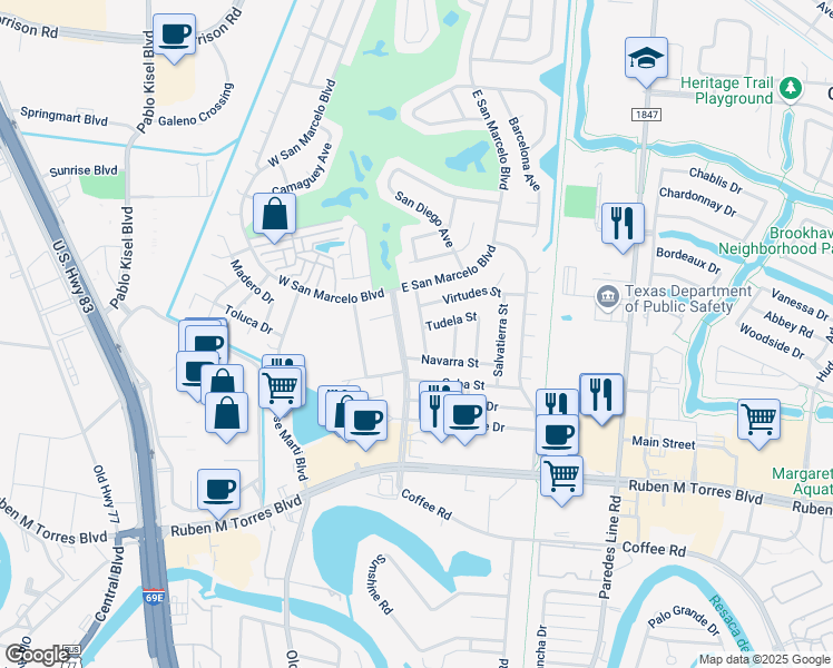 map of restaurants, bars, coffee shops, grocery stores, and more near 24 Valladolid Street in Brownsville