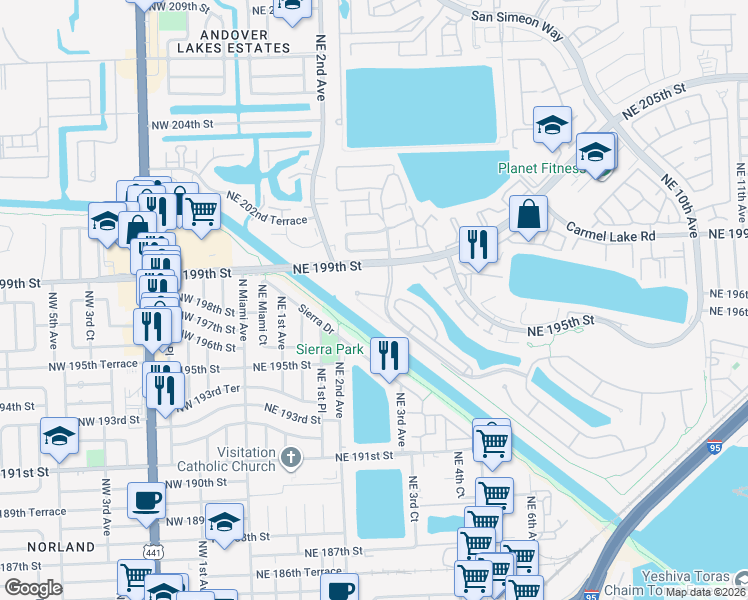 map of restaurants, bars, coffee shops, grocery stores, and more near 640 Northeast 193rd Street in Miami