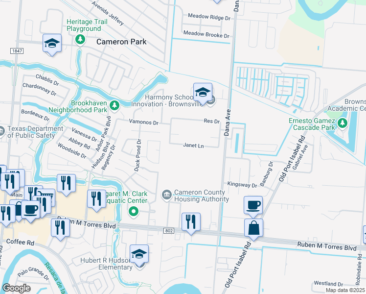 map of restaurants, bars, coffee shops, grocery stores, and more near 1280 Janet Lane in Brownsville
