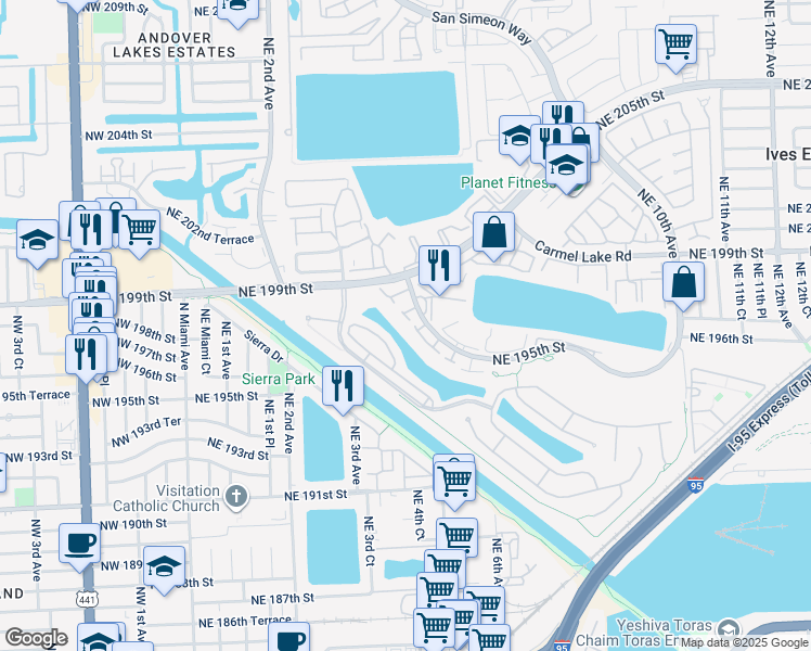 map of restaurants, bars, coffee shops, grocery stores, and more near 426 Northeast 195th Street in Miami