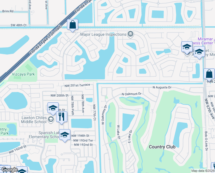 map of restaurants, bars, coffee shops, grocery stores, and more near 20177 East Oakmont Circle in Hialeah