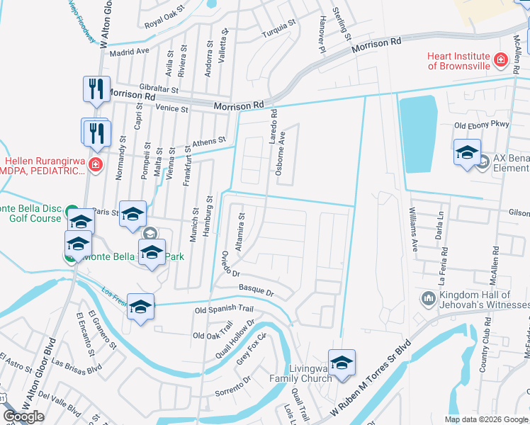 map of restaurants, bars, coffee shops, grocery stores, and more near Laredo Road in Brownsville