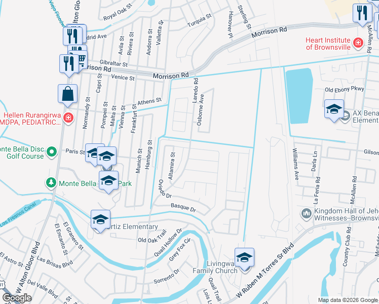 map of restaurants, bars, coffee shops, grocery stores, and more near 3762 Altamira Street in Brownsville