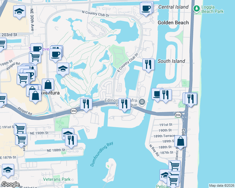 map of restaurants, bars, coffee shops, grocery stores, and more near 19555 East Country Club Drive in Miami