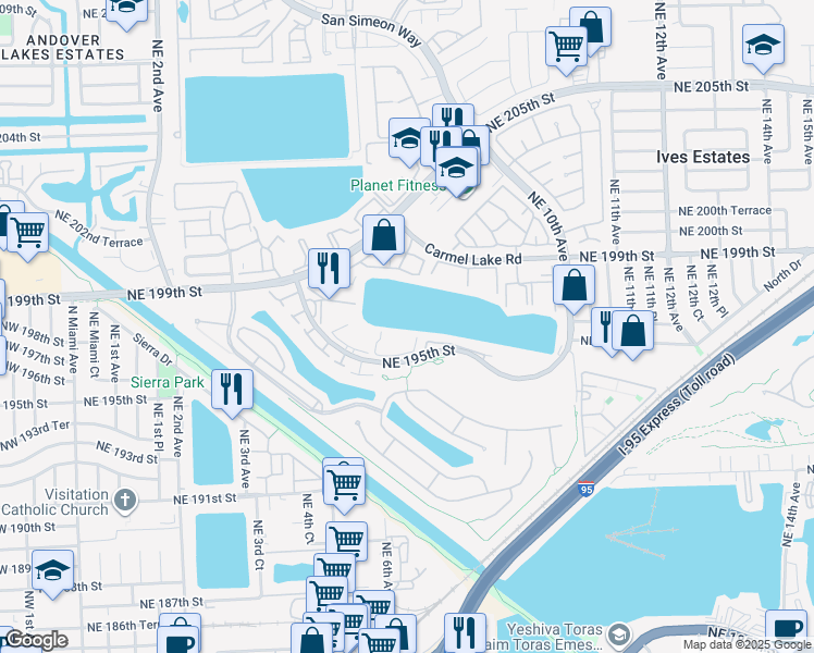 map of restaurants, bars, coffee shops, grocery stores, and more near 671 Northeast 195th Street in Miami