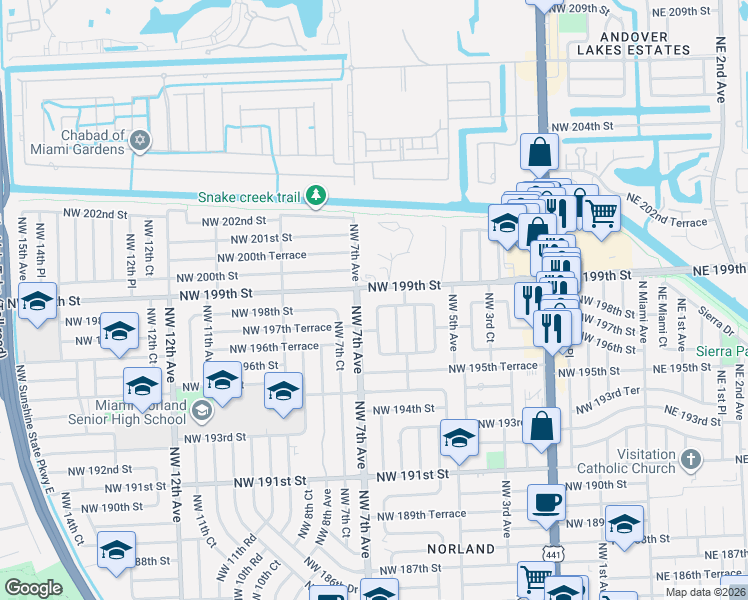map of restaurants, bars, coffee shops, grocery stores, and more near 19730 Northwest 6th Court in Miami