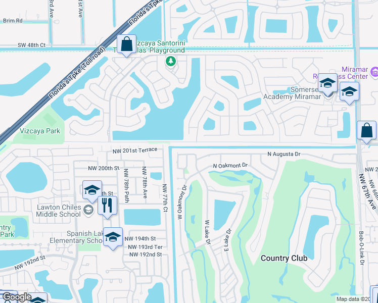 map of restaurants, bars, coffee shops, grocery stores, and more near 20177 East Oakmont Circle in Hialeah