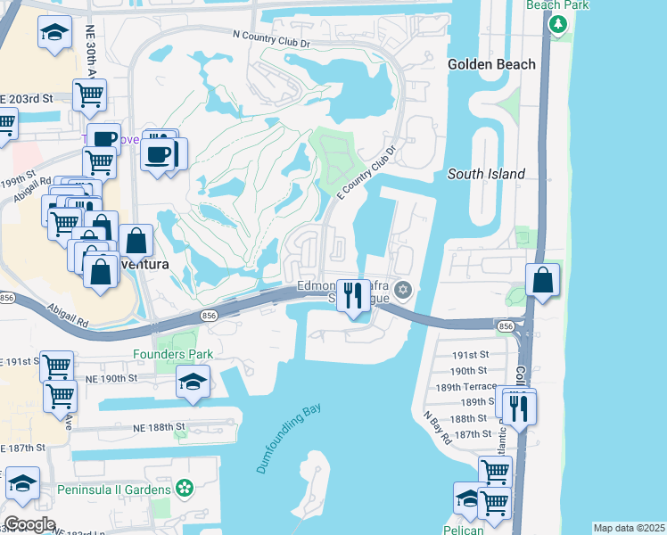map of restaurants, bars, coffee shops, grocery stores, and more near 19555 East Country Club Drive in Miami