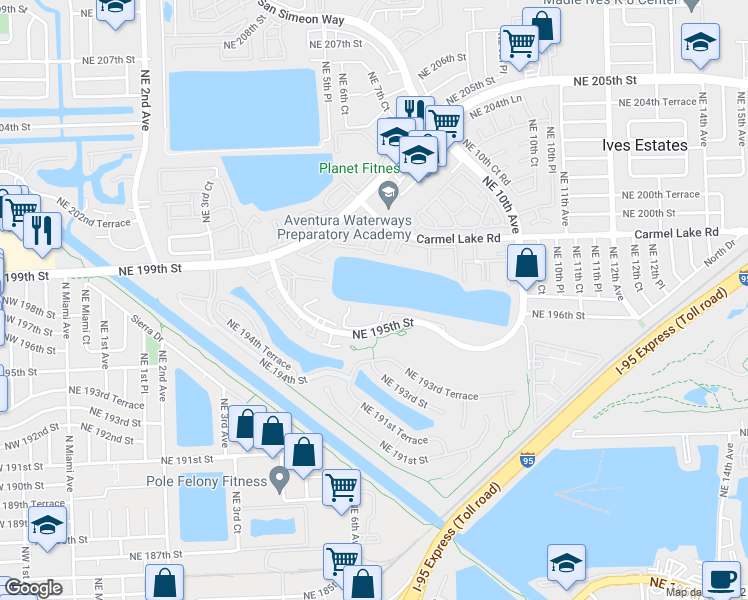 map of restaurants, bars, coffee shops, grocery stores, and more near 671 Northeast 195th Street in Miami
