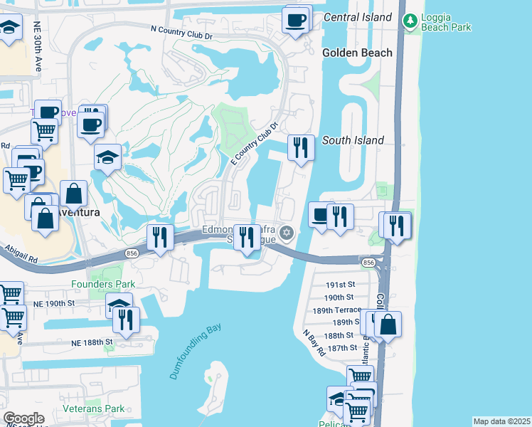 map of restaurants, bars, coffee shops, grocery stores, and more near 3534 Yacht Club Way in Aventura