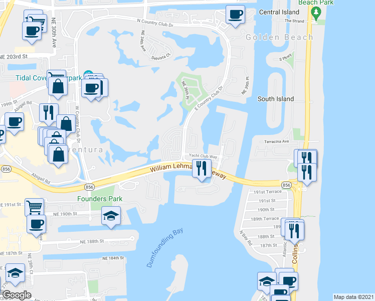 map of restaurants, bars, coffee shops, grocery stores, and more near 19555 East Country Club Drive in Miami