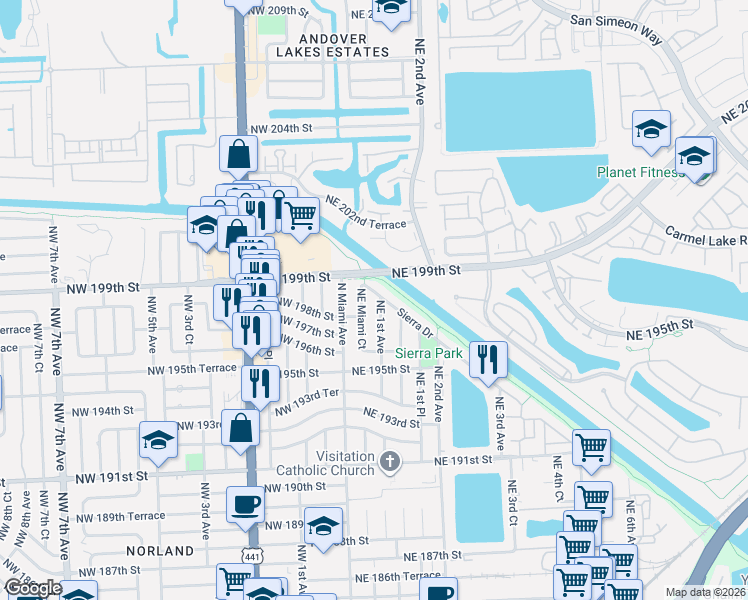 map of restaurants, bars, coffee shops, grocery stores, and more near 19811 Northeast Miami Court in Miami