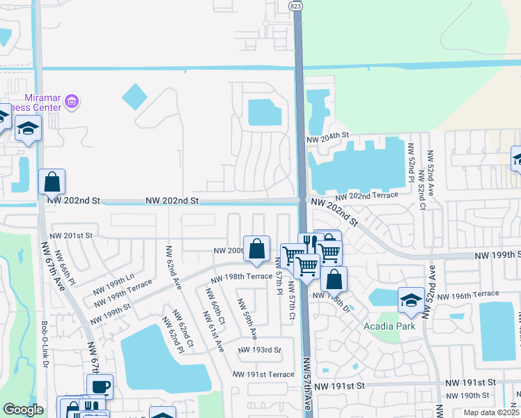 map of restaurants, bars, coffee shops, grocery stores, and more near 20151 Northwest 58th Avenue in Hialeah